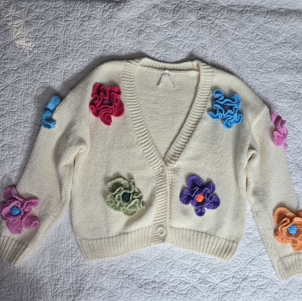 Dreamers Cream Knit Cardigan With Colorful Crochet 3D Flowers Sweater